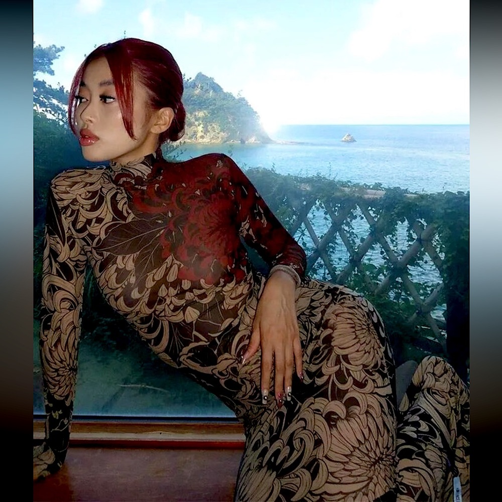 Women’s printed long sleeve mesh maxi dress